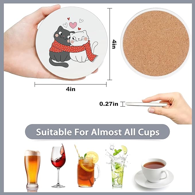 6 Pcs Coasters for Drinks with Holder,Sweet Cat in Love Cute Absorbent Coaster with Cork Backing,Great Gift for Housewarming,Room Decor,Bar,Holiday Party