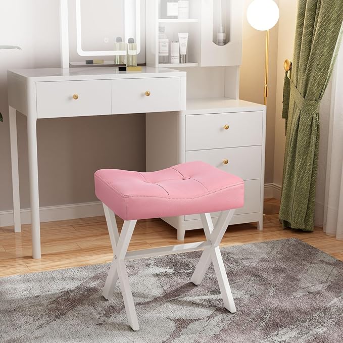 18-Inch Leather Vanity Stool Chair, Vanity Bench with Metal X-Leg, Ottoman Accent Stool with Thick Padded Saddle Seat, Pink