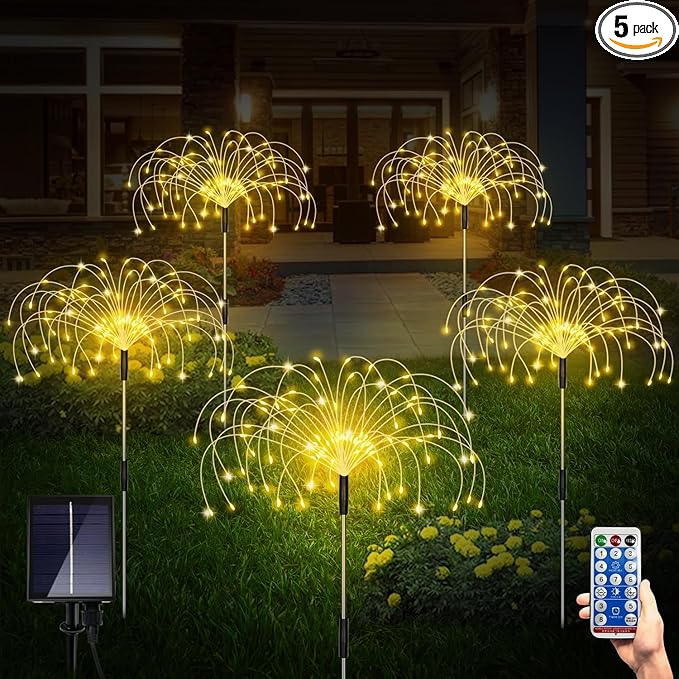 5 Pack Solar Garden Lights, Firework Outdoor Waterproof 120 LED 8 Modes with Remote Control, Decorative Solar Lights for Outside Yard (Warm White)