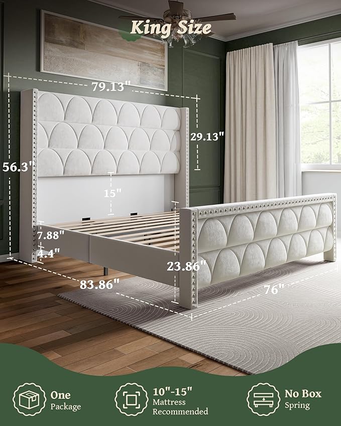 King Size Bed Frame with 56" Headboard - 1000LBS Capacity Support, Velvet Upholstered Wingback Platform Bed Frame, Noise Free, Sturdy Wooden Slat Support