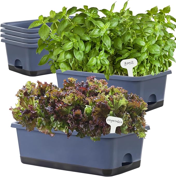 Window Box Planter 6 Pcs, 18 Inches Rectangle Flower Pots with Drainage Holes and Trays, Vegetable Planters for Windowsill Patio Garden Balcony Home Porch Yard Indoor Outdoor (Grey, 18*10*6 inch)