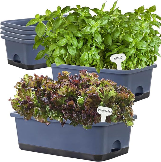 Window Box Planter 6 Pcs, 18 Inches Rectangle Flower Pots with Drainage Holes and Trays, Vegetable Planters for Windowsill Patio Garden Balcony Home Porch Yard Indoor Outdoor (Grey, 18*10*6 inch)