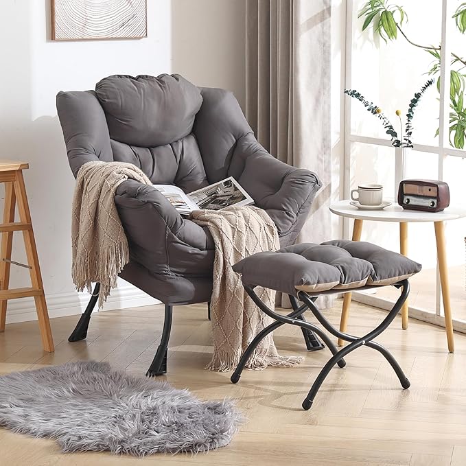 Welnow Lazy Chair with Ottoman, Modern Lounge Accent Chair with Armrests and a Side Pocket, Leisure Sofa Armchair, Reading Armchair with Footrest for Small Space, Dark Grey