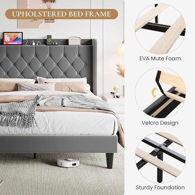 SHA CERLIN Queen Size Platform Bed Frame with Charging Station, Velvet Wingback Headboard with Storage Shelf, Wooden Slats Support, Ample Under-Bed Space, No Box Spring Needed, Easy Assembly, Grey