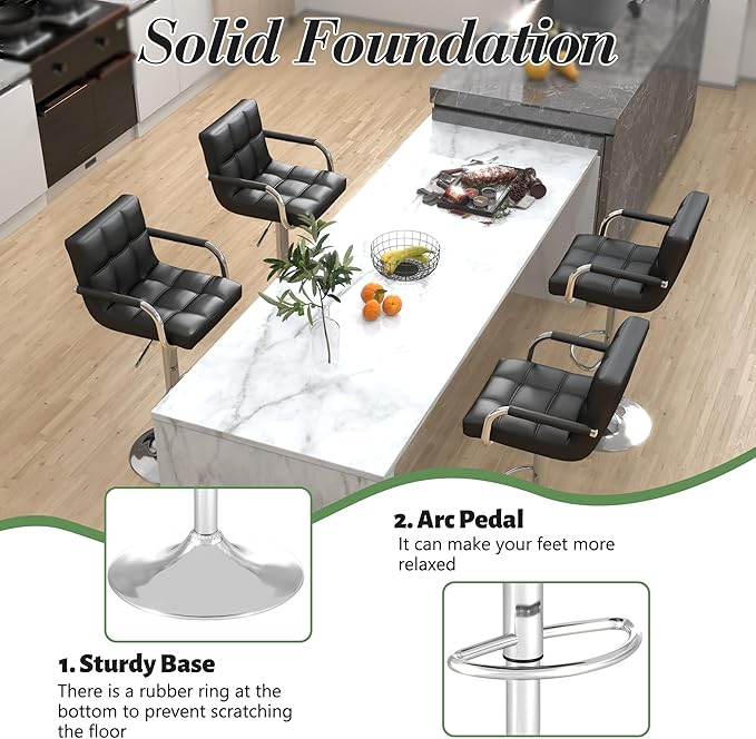 Modern PU Leather Bar Stools Set of 4, Adjustable Swivel Square Bar Chairs, Counter Height Barstools with Arms and Large Base for Island/Kitchen(Black)