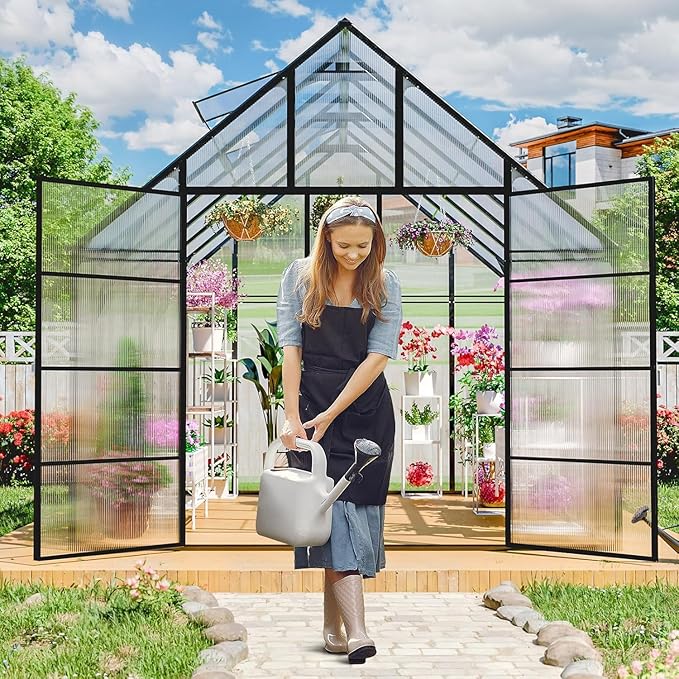 JULY'S SONG 10x12 FT Greenhouse for Outdoor, Large Easy Assembly Heavy Duty Polycarbonate Panels Aluminum Frame Walk-in Green House with 2 Windows Wider Door for Garden Plants Outside