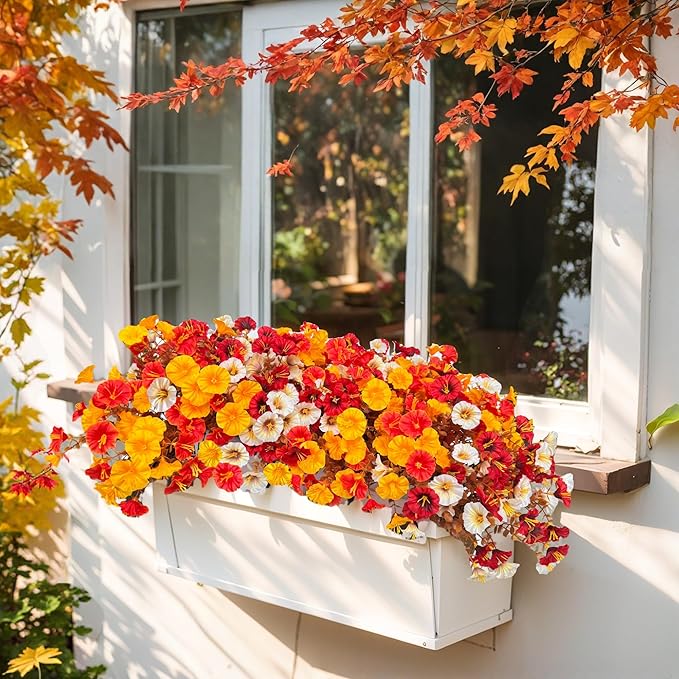 8PCS Artificial Fall Hanging Flowers for Outdoor, Fake Silk Petunias Plants, Fake Mums, Fall Outdoor Decoration, UV Resistant, Morning Glorias, for Home Garden Porch Decor (Deep Autumn)