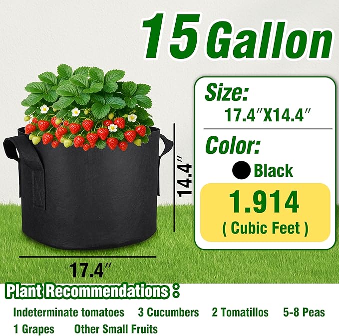PHYEX 12-Pack 15 Gallon Grow Bags, Heavy Duty Fabric Pots with Handles, Reusable Plant Bags for Vegetable, Herbs & Flowers, BPA-Free, Breathable, Durable