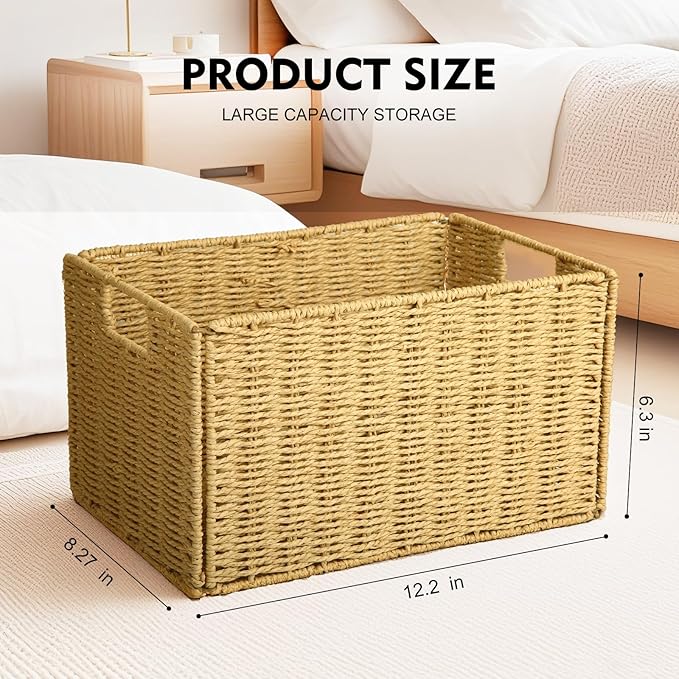 Collapsible Storage Basket 2 pcs, storage boxes for shelves, With Insertion Handle,15 * 8.6 * 10 In Hand-Woven Seagrass Storage Basket, Suitable for Bedroom Storage and Other Scenarios