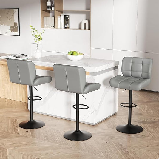 Modern Bar Stools Set of 3, Faux Leather Upholstered Swivel Bar Stools, Adjustable Counter Height Bar Chairs with High Back and Footrest for Kitchen Island (Light Grey)