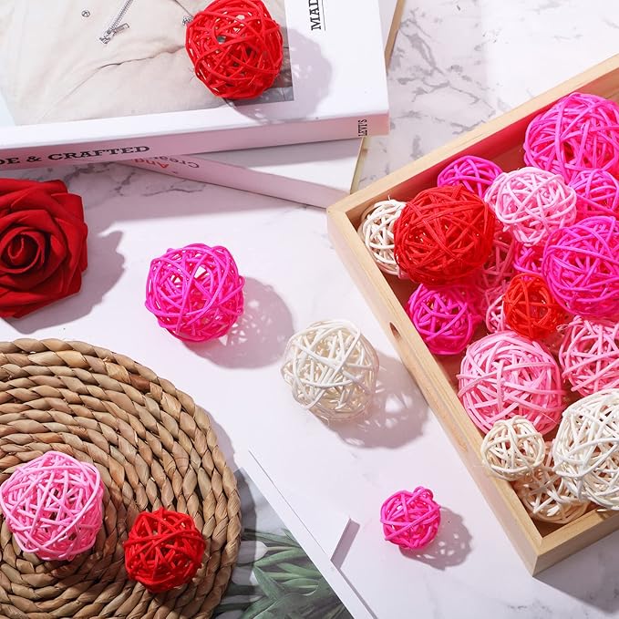Patelai 36 Pcs Wicker Rattan Balls Decorative Balls for Vase Centerpiece Bowls Orbs Filler for Home Decor,4 Sizes(White, Pink, Rose, Red)