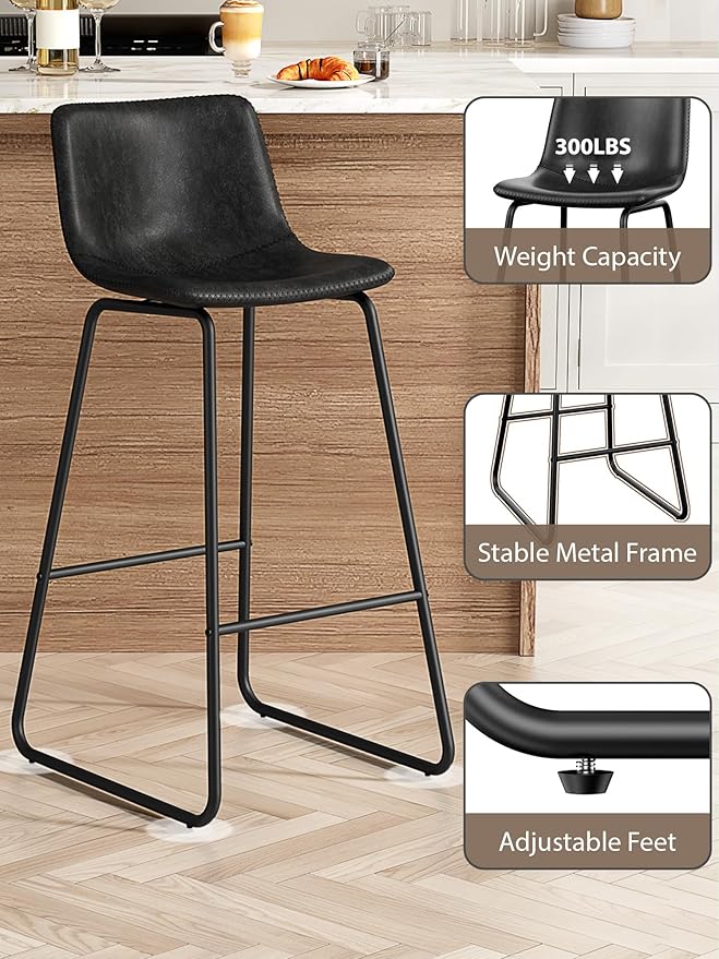 Bar Stools Set of 6, 30 Inches Counter Height Bar Stools with Back, Modern Faux Leather Barstools with Metal Legs and Footrest, Bar Chairs for Kitchens Island (Black)