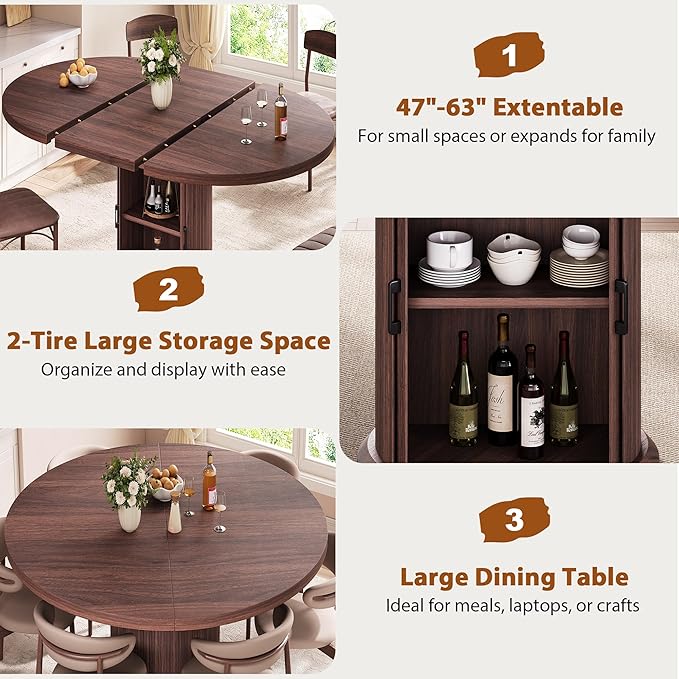 Extendable Round Kitchen Dining Room Table for 4-6 with 2-Tier Storage Shelf, 63'' Space Saving Expandable Wood Oval Circle Dinner Furniture with Pedestal Base (Brown)