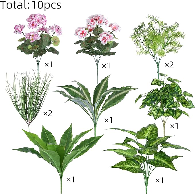 Artificial Greenery Plants & Flowers for Outdoor UV Resistant 10 Bundles Fake Plants Plastic Leaves with Stems for Outside Garden Porch Decor (Mixed-PurplePink)