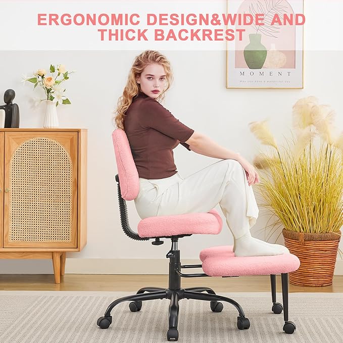 Criss Cross Legged Meditaion Chair,Exquisite Home Office Furniture,Ergonomic Kneeling with Lumbar Support and Adjustable Height Stool,for ADHD Adults,Teddy Fabric (Pink)