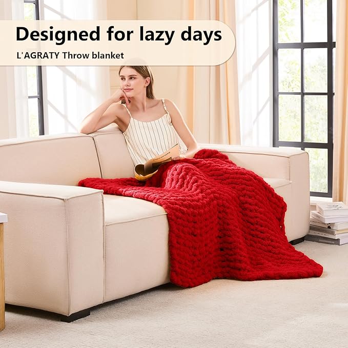 L'AGRATY Chunky Knit Blanket Throw - Soft Chunky Throw Blankets 40x50: 100% Hand Kintted Chenile Crochet Large Cable Knit Blanket - Rope Knot Throw Blankets for Couch Home Decor(Red)