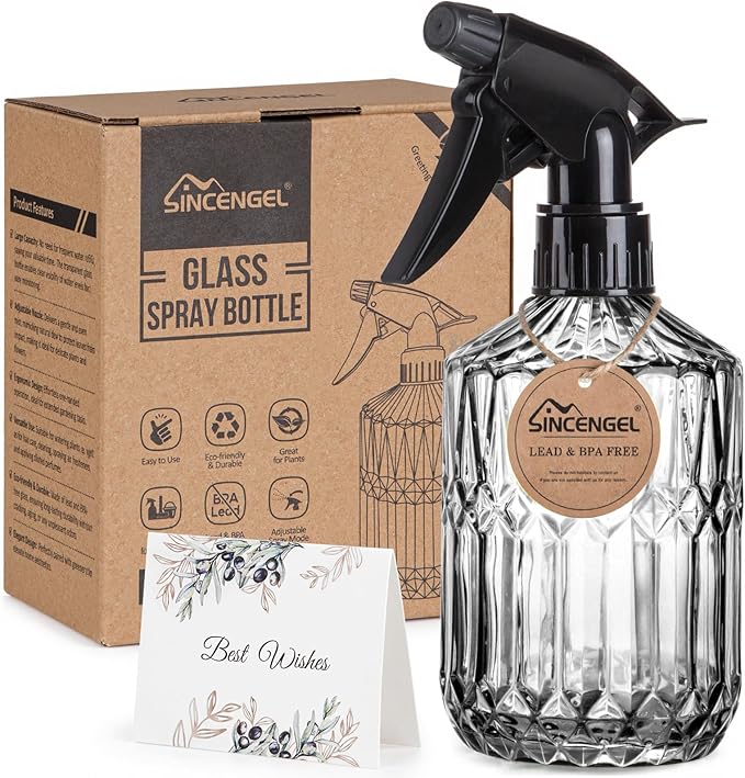 Plant Mister Spray Bottle, 13.5 oz Leak Proof Glass Spray Bottle for Inside Plants, Succulents, Herbs, Cleaning, Hair Care, Refillable Fine Mist Sprayer with Adjustable Mist Nozzle (Grey)