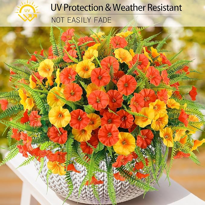 Artificial Fall Flowers for Outdoors 12 Bundles Fake Mums Petunias Flowers UV Resistant Shrubs Plants with Fern for Indoor Outside Hanging Planters Home Garden Autumn Decoration(Orange Yellow)