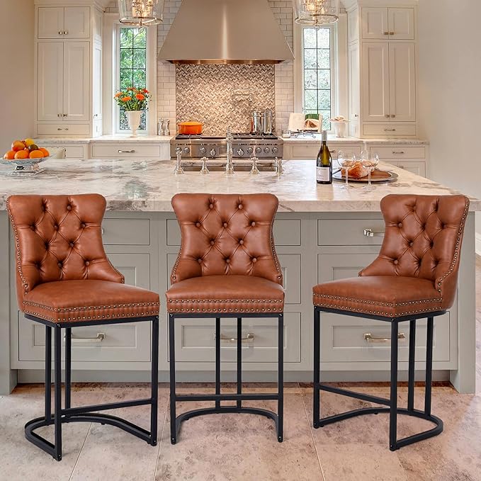 Counter Height Bar Stools Set of 6, 24" Modern Barstools with Back, Faux Leather Upholstery Counter Chairs with Metal Legs for Kitchen Island, Bar, Counter, Brown