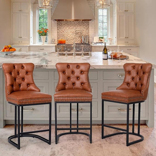 UVV Counter Height Bar Stools Set of 3, 26" Modern Barstools with Back, Faux Leather Upholstery Counter Chairs with Metal Legs for Kitchen Island, Bar, Counter, Brown