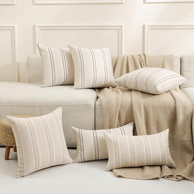 Hckot Hand Made Throw Pillow Covers 22x22 Set of 2 Striped Pillow Covers Linen Decorative Pillows Square Cushion Covers for Sofa Couch Bed Living Room Farmhouse Decor, Khaki