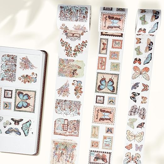 WT Stamped Wings Washi Tape Sticker Set – 3 Rolls Decorative Butterfly & Wing Washi Sticker Tape, Wide Vintage Adhesive Tape for Journaling, Scrapbooking, Planner, DIY Crafts & Wrapping