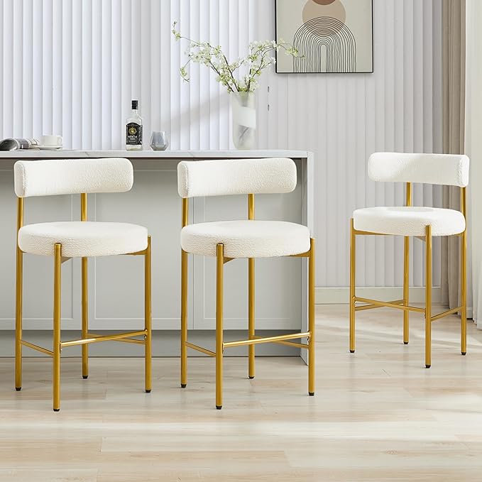 28'' Boucle Bar Stools Set of 3, White Bar Stools with Backs, Bar Height Stools for Kitchen Island, Upholstered Bar Chairs with Gold Legs