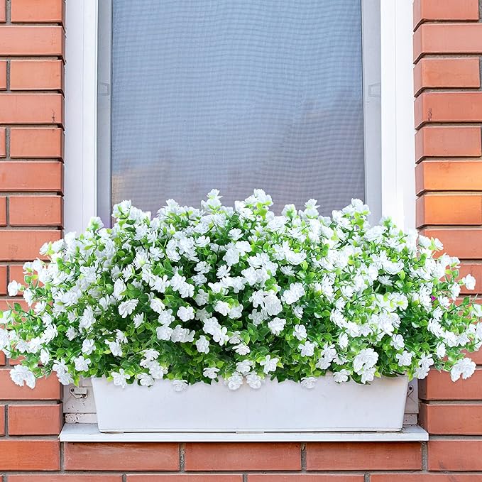 SITUMEIZI 8 Bundles White Artificial Flowers Outdoor Fake Flower Plastic UV Resistant Shrubs Greenery Plants Hanging Decorations Garden Porch Window Box Farmhouse Outside Summer Indoor Decor