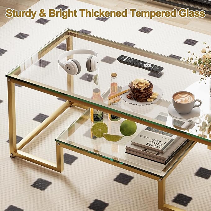 Coffee Table Gold Glass Coffee Table for Living Room,2 Tiers Rectangle Center Table with Sturdy Metal Frame,Modern Tempered Glass Accent Table for Bedroom Home Office
