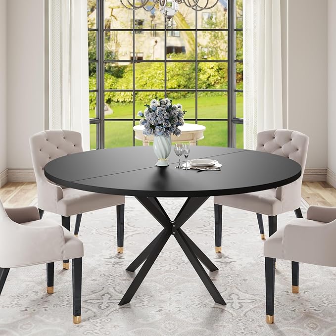 47.24" Round Dining Table, Modern Dining Room Table for 4-6 Person, Wood Round Kitchen Table with Metal Legs, Round Coffee Table for Home Dining Room Living Room (Black)