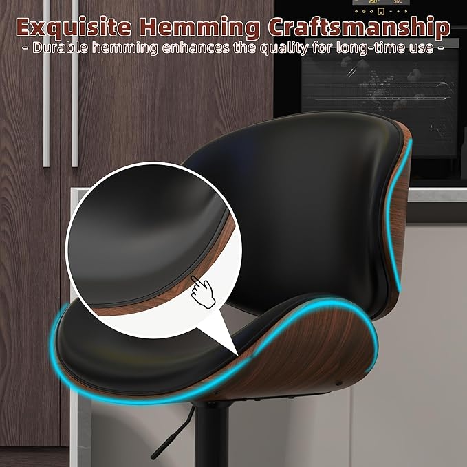 civama Bar Stools Set of 3 for Kitchen Counter, Adjustable Bar Height Chairs, Modern Swivel Barstools with Bentwood Seat and Back with Footrest, for Kitchen Island, Dining Room, Black PU Leather