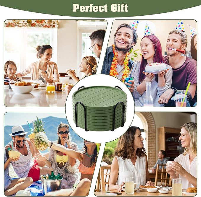 Coasters Set of 8,Hot or Cold Drink Coasters with Holder,Modern Style Coffee Table Coaster,Suitable for Kinds Cups Beer,Drink,Anti-Overflow Tabletop Protection(Green, 8pcs)