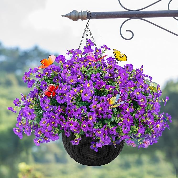 ‌20 Bundles Artificial Flowers for Outdoors‌ with 6 Faux Butterflies, UV Resistant ‌Fake Flowers‌ with Eucalyptus Leaves, ‌Artificial Plants Outdoor‌ for Patio Garden Porch Home Decor (Purple)