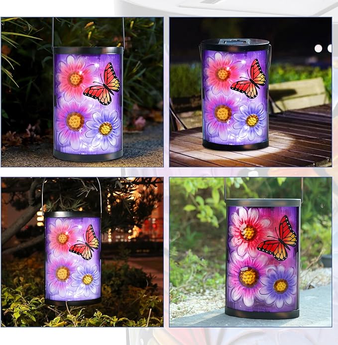 Afirst Hanging Solar Lantern Outdoor Butterfly Glass Lights Waterproof LED Lamp for Garden Yard Tree Desk Decor