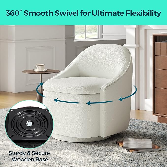 LINSY Swivel Accent Chair with Storage Comfy Chenille Barrel Chairs, Small 360 Swivel Modern Armchair for Living Room Bedroom, Boucle Reading Chair for Study Room (Beige)