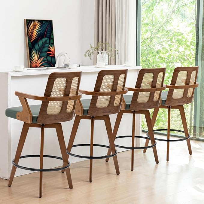 Counter Stools Set of 3 - 27 inch Swivel Counterstools with Rattan Back, Curved Arms, Upholstered Seat, Adjustable Bamboo Legs, Counter Top Stools for Island/Pub/Kitchen (27" Seat Height, Green)
