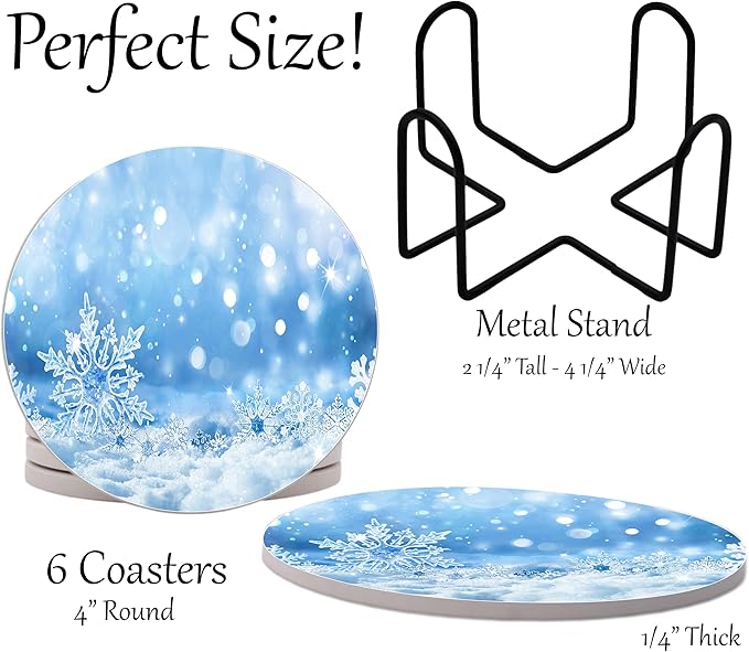 Winter Wintertime Snow Season Round Coasters Set of 6 - Abosrbent Ceramic Coasters with Metal Stand for Drinks, Coffee, Non-Slip Cork Back for Tabletop Protection, 4 Inches (Snowflakes)