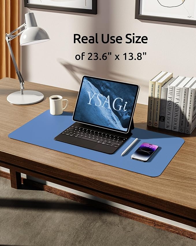 YSAGi Leather Desk Protector, Office Mat, Large Mouse Mat, Non-Slip PU Leather Blotter, Laptop Desk Pad, Waterproof Writing Pad for Office and Home (Sea Blue, 23.6" x 13.8")