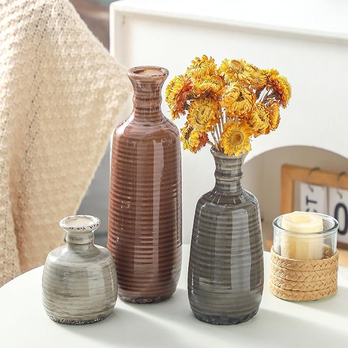 Ceramic Vases Set of 3, Neutral Rustic Farmhouse Vases Home Decor Decorative Flower Vase Modern Boho Pampass Vase for Table Mantel Entryway Shelf Living Room Kitchen Bathroom - Brown