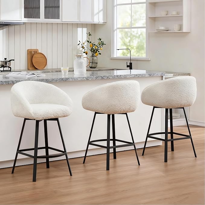 Zesthouse 26'' Modern Counter Height Bar Stools Set of 3, Swivel Barstools with Arms & Backs for Kitchen Counter, Upholstered White Sherpa Fabric Bar Stools, Kitchen Island Chairs with Metal Legs