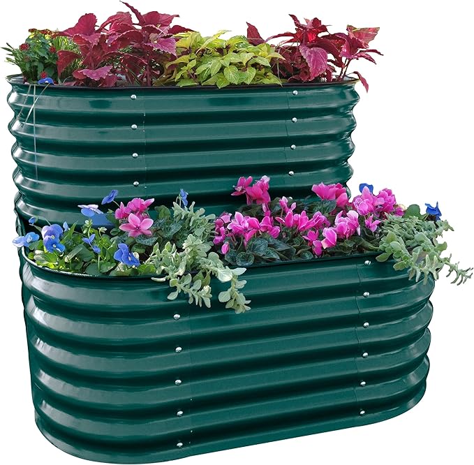 Vego garden Cascading Raised Garden Planter Box Outdoor Metal Galvanized Gardening Bed for Vegetables Herb & Flower, British Green
