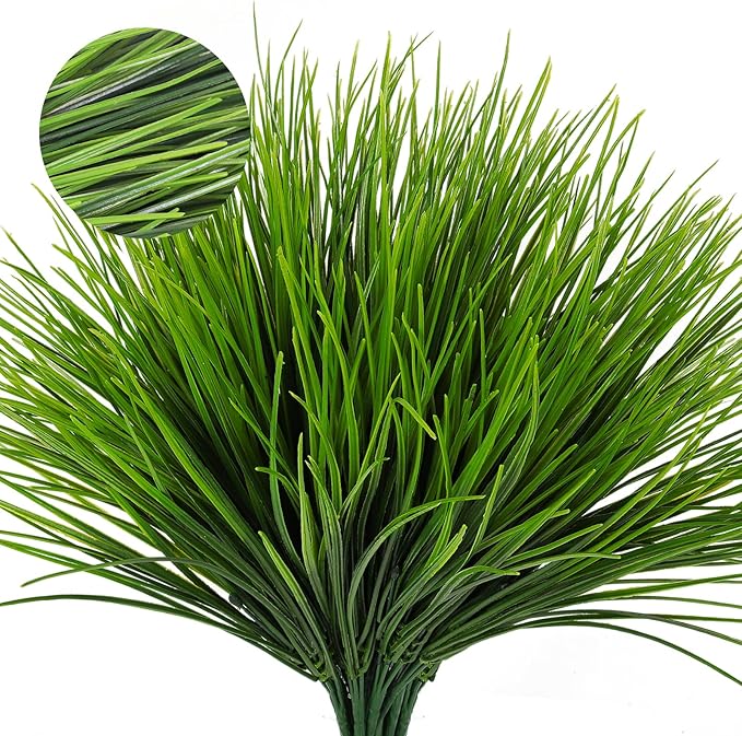 RECUTMS 12 Bundles Artificial Grasses Outdoor Plants Fake Wheat Grass Greenery Shrubs UV Resistant for Planters Wedding Indoor Outside Garden Porch Bathroom Home Office Window Box Decor(Green)