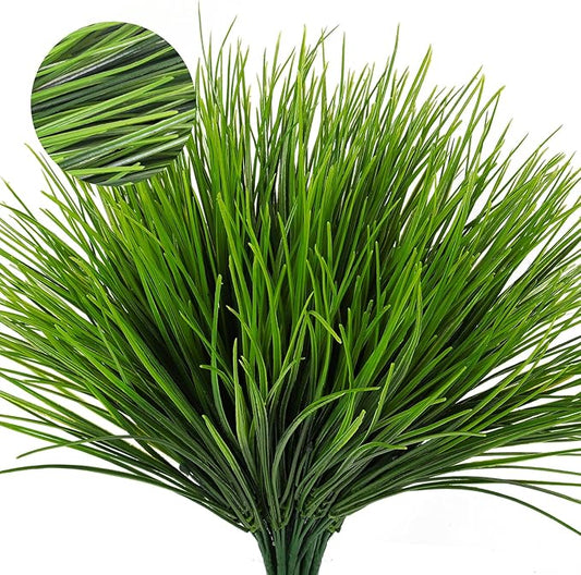 RECUTMS 12 Bundles Artificial Grasses Outdoor Plants Fake Wheat Grass Greenery Shrubs UV Resistant for Planters Wedding Indoor Outside Garden Porch Bathroom Home Office Window Box Decor(Green)