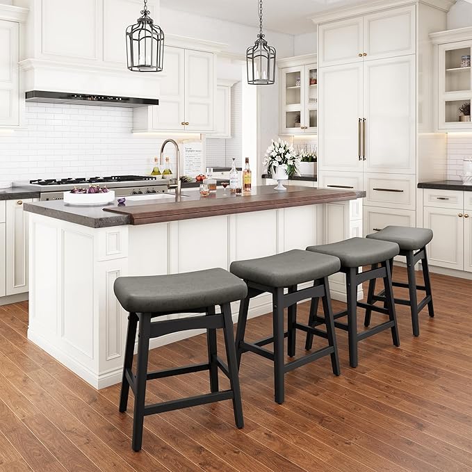 PHI VILLA Counter Height Bar Stools Set of 4 - Farmhouse Barstools with Upholstered Saddle Seat and Solid Wood Legs, Kitchen Counter Island Stools
