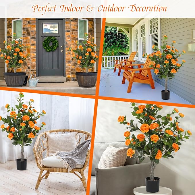 Jexine 2 Pack 40" Artificial Tree with Camellia, Fake Tree with 36 Blooming Flowers, Flower Plants Tree Faux Floral Plant Tree in Cement Pot for Indoor Outdoor Office Home Porch Decor (Orange,40")