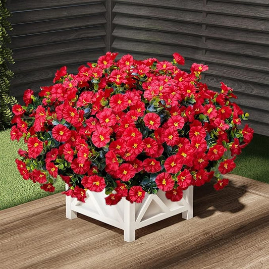 Artificial Outdoor Flowers 16 Bundles Fake Morning Glory Flower Outdoor UV Resistant Plastic Faux Flowers Plants for Decoration Indoor Outdoor Hanging Window Box Planter Home Porch Decor (Red)