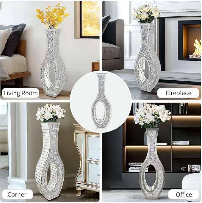 Elegant Glam Mirror Vase: Silver Glass Mirrored Vase Floor-Standing, 30.1 inches High Bling Crystal Living Room Centerpiece for Home Luxury Decor, Won't Hold Water
