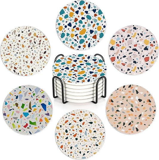 6 Pcs Coasters for Drinks with Holder, Terrazzo Marble Absorbent Ceramic Coasters with Cork Base,Cute Funny Table Drinks Coasters Tabletop Protection Mat,Table Home Decor,4 Inches