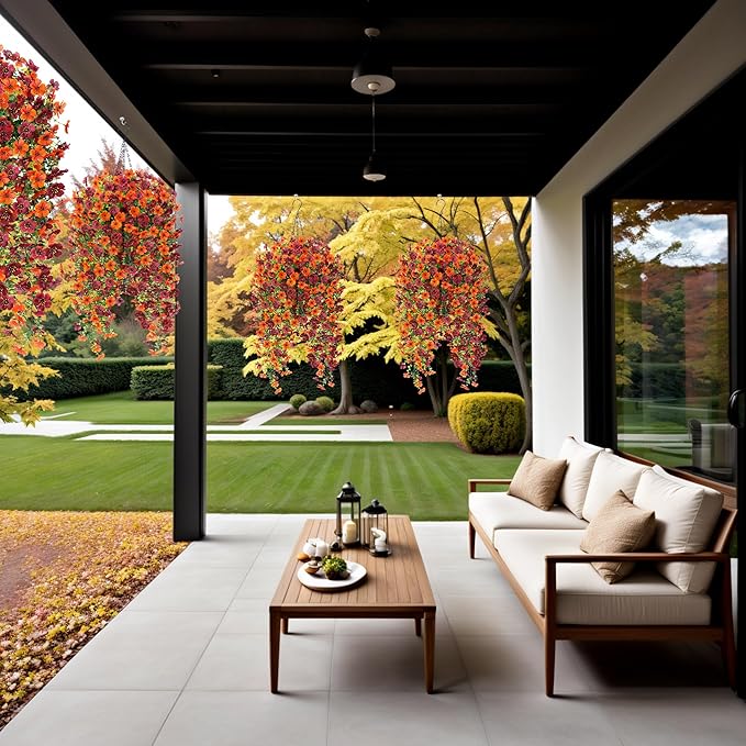 Fake Mums Artificial Hanging Flowers for Outdoor Fall Decoration, 2 PCS Silk Daisy Flower Realistic Faux Plants UV Resistant for Porch Patio Window Yard Outside Autumn Decor(Orange Brown)