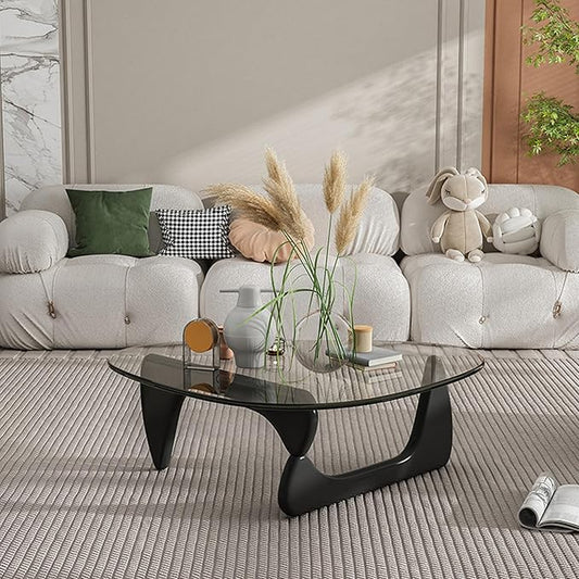 EASYSOUL Modern Glass Coffee Table, 32.68" D x 22.44" W x 15.75" H, Abstract Round Tea Tables for Living Room Home Office Industrial Cocktail Tables (Black-Clear Glass, 32.68")